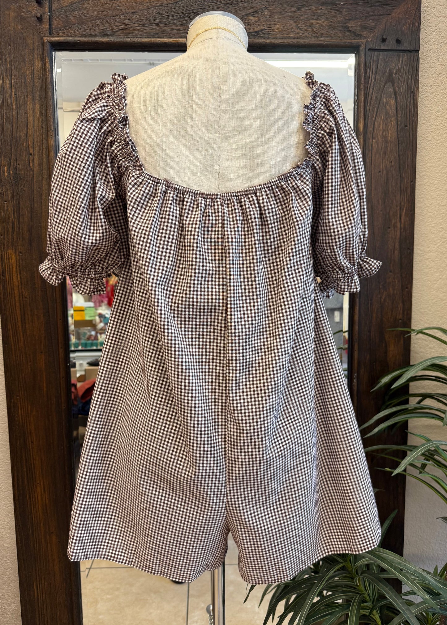 Needii Gingham Puff Sleeve Romper - Brown