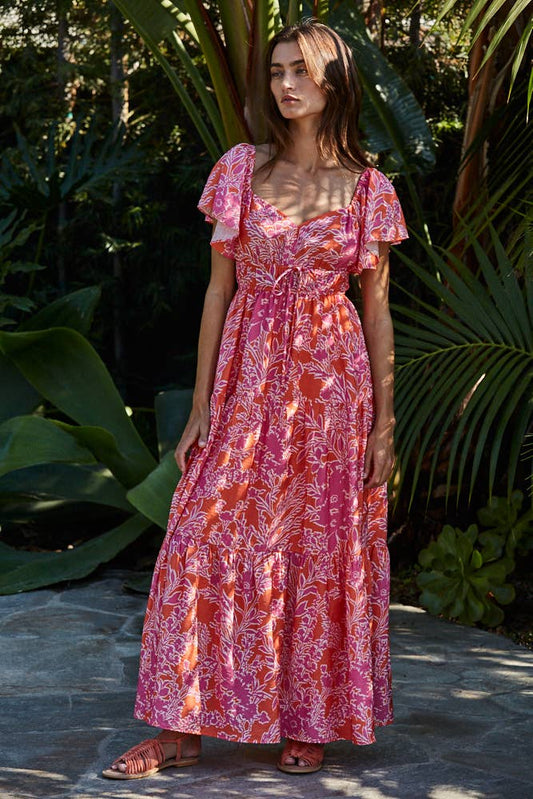 By Together | Woven Rayon Nylon Floral Print Sweetheart Neck Maxi