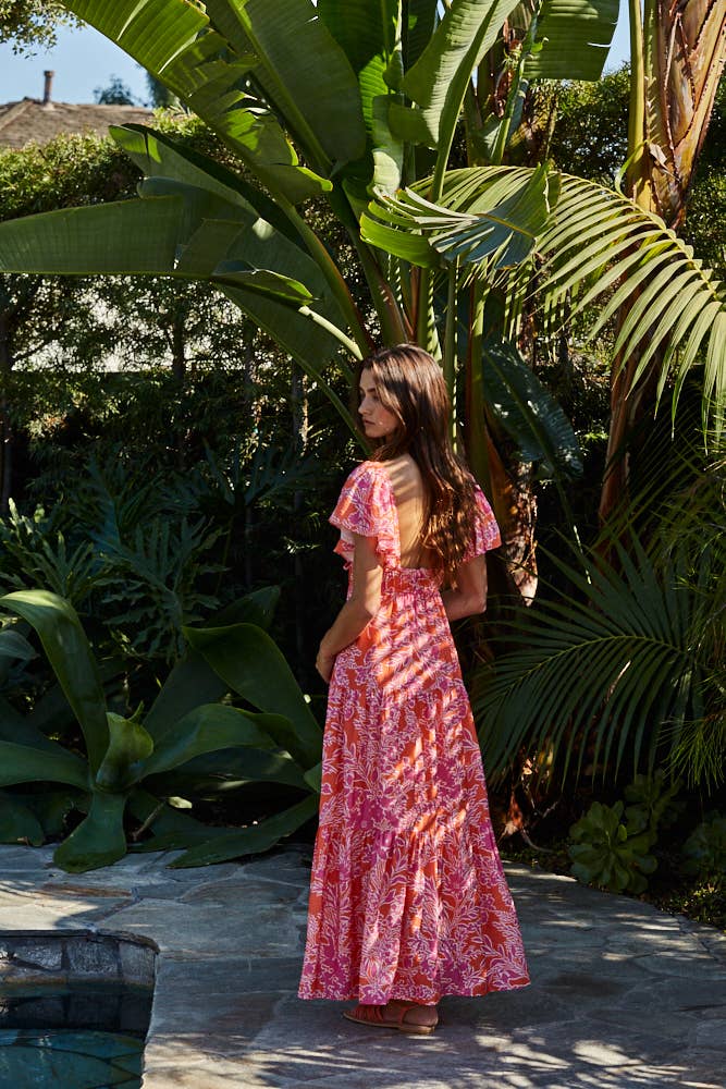 By Together | Woven Rayon Nylon Floral Print Sweetheart Neck Maxi