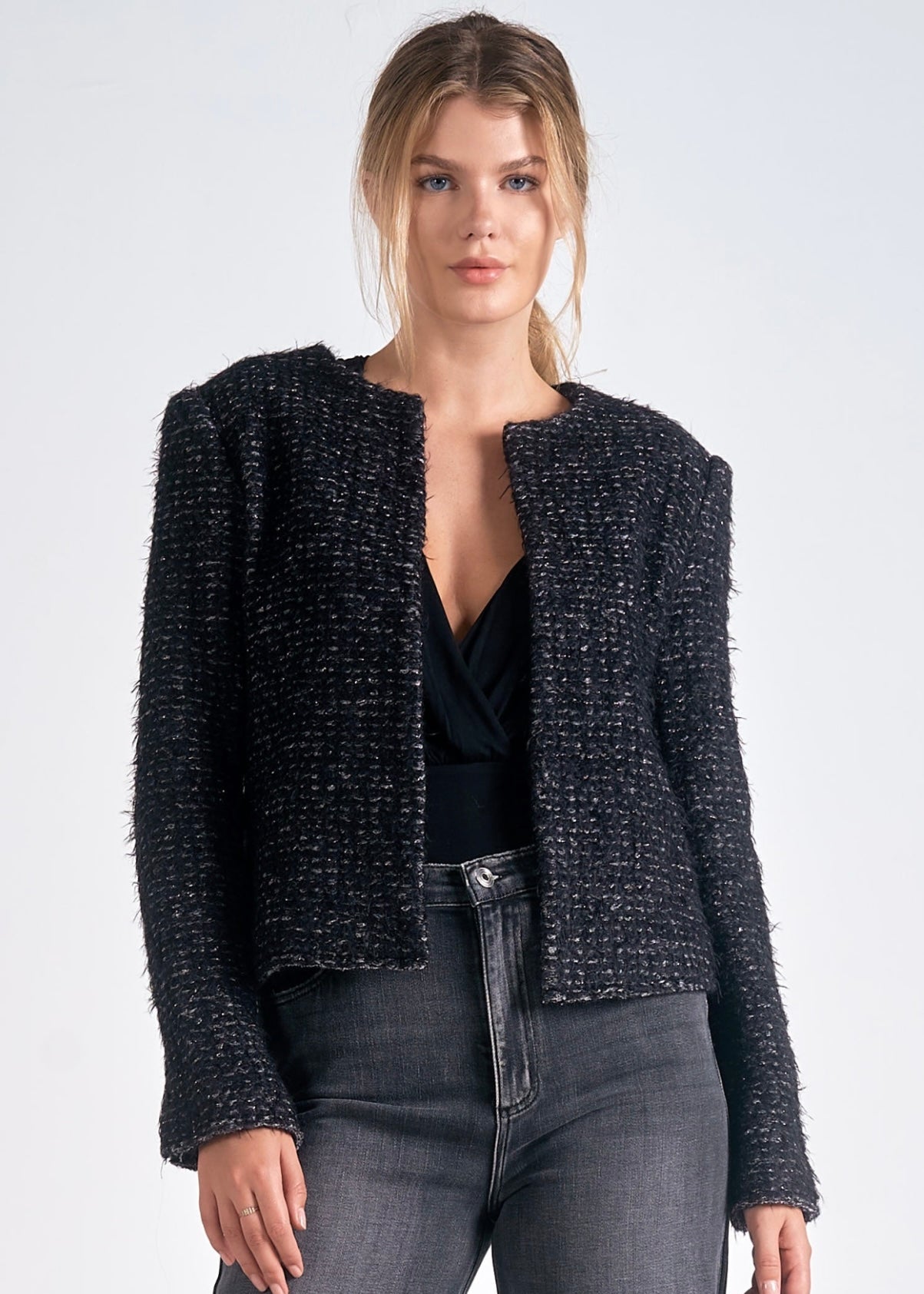 Elan Tweed Structured Cropped Jacket - Black/Silver – My Best