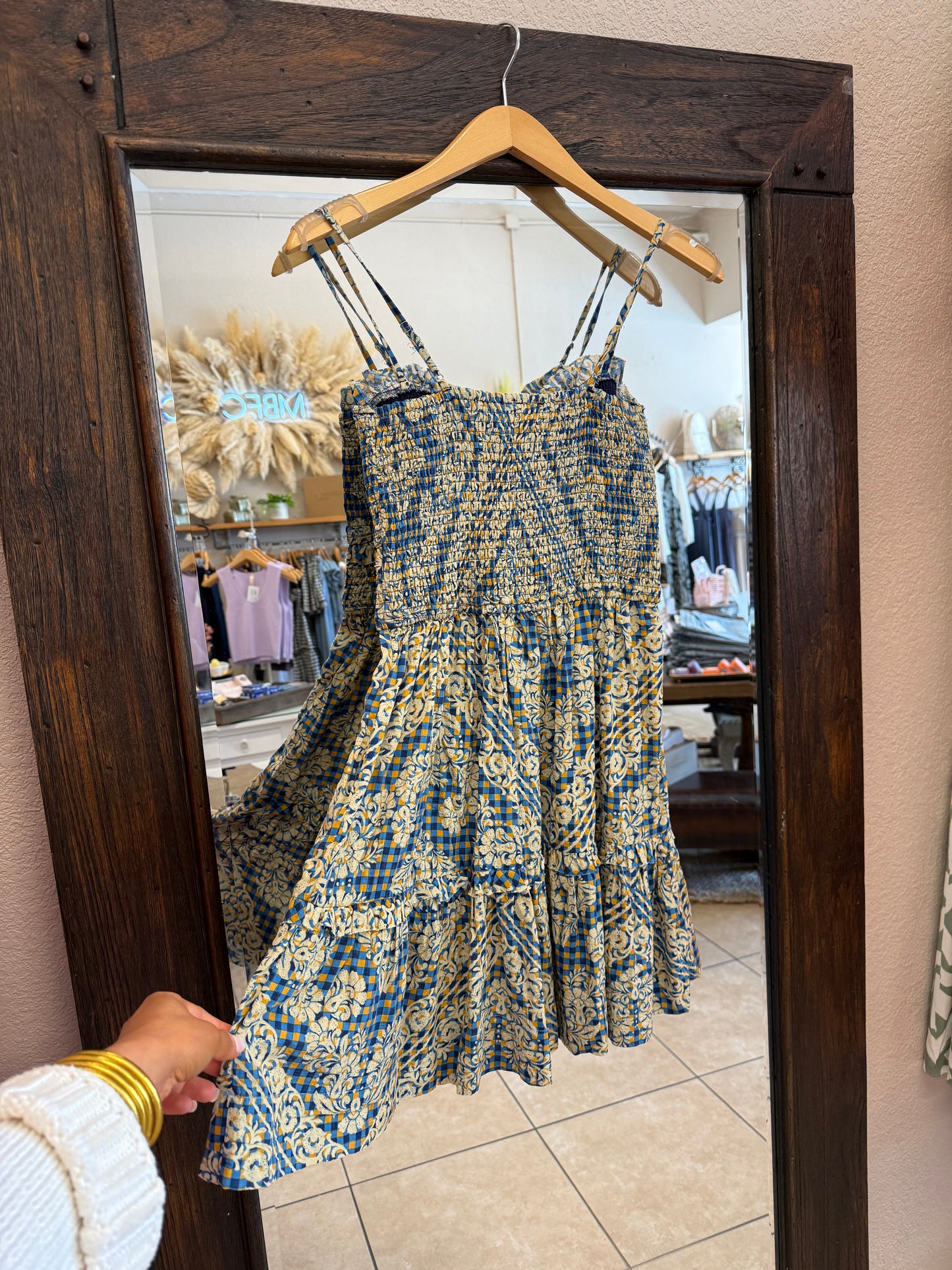 Dress Forum - Stay Cute Smocked Sweetheart Mini Dress: PLAID DENIM