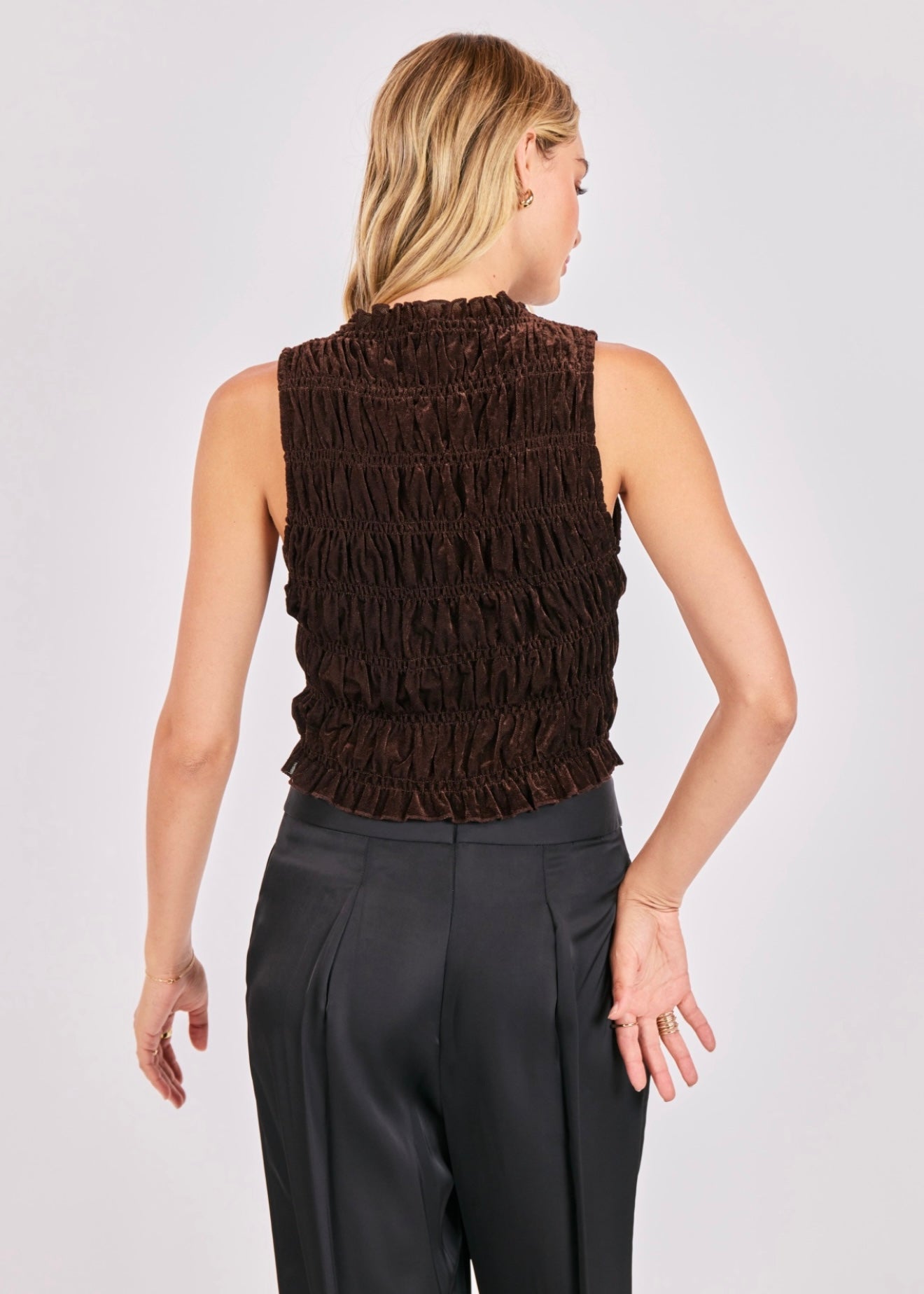 Sage the Label the Drama Smocked Mock Neck Top - Oak