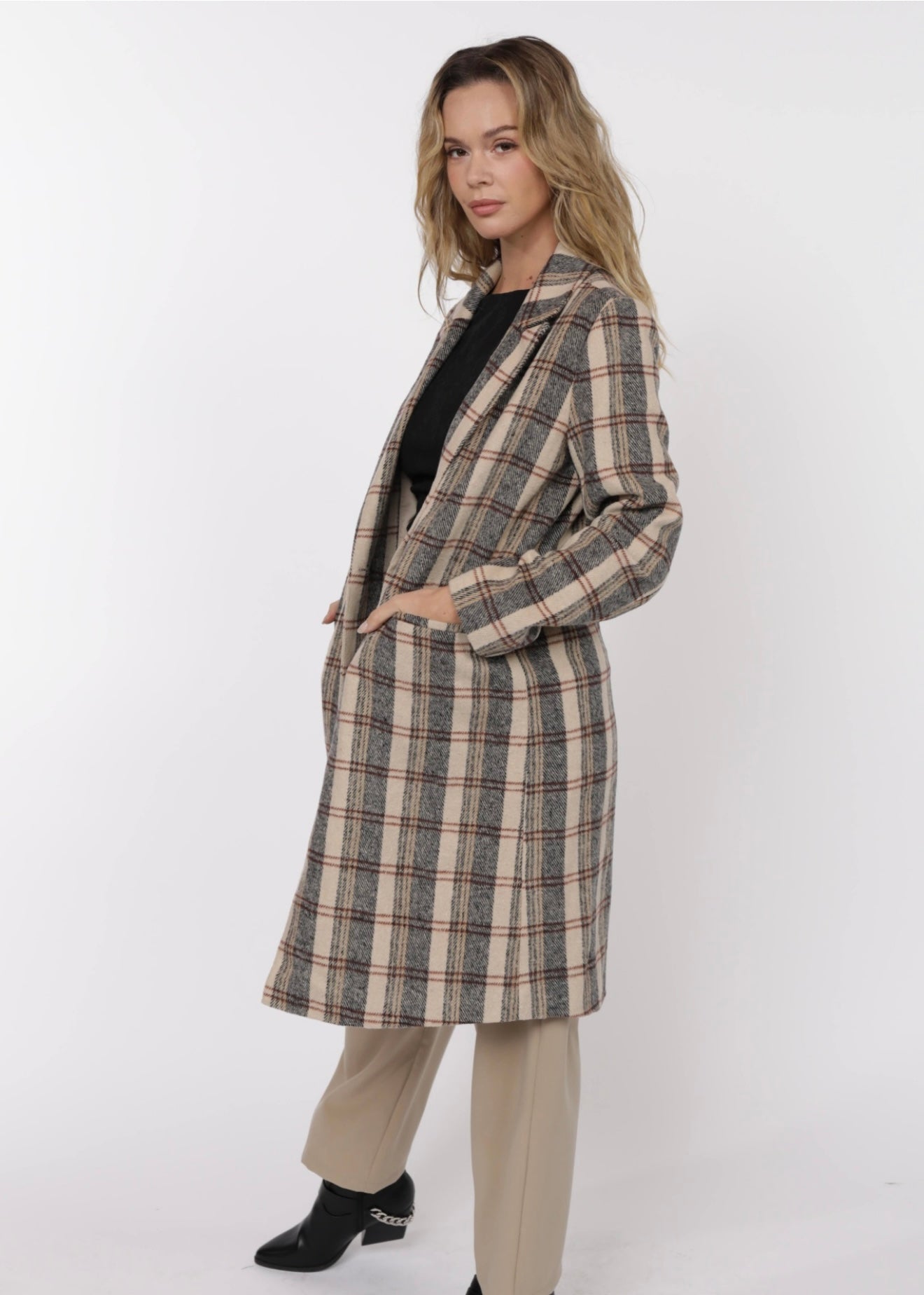 Sage the Label Plaid Long Coat - Cream/Brown