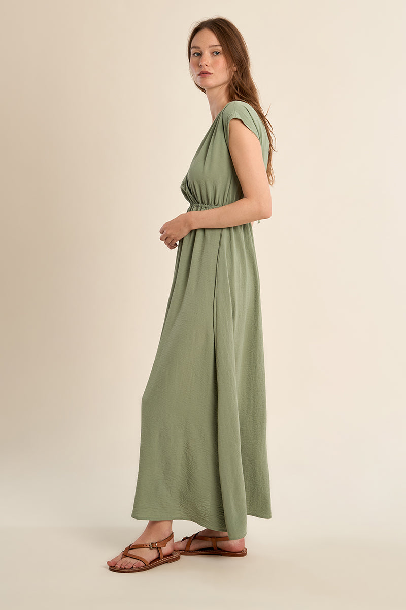 Zoe & Claire Drop Shoulder Faux Wrap Maxi Dress - Green