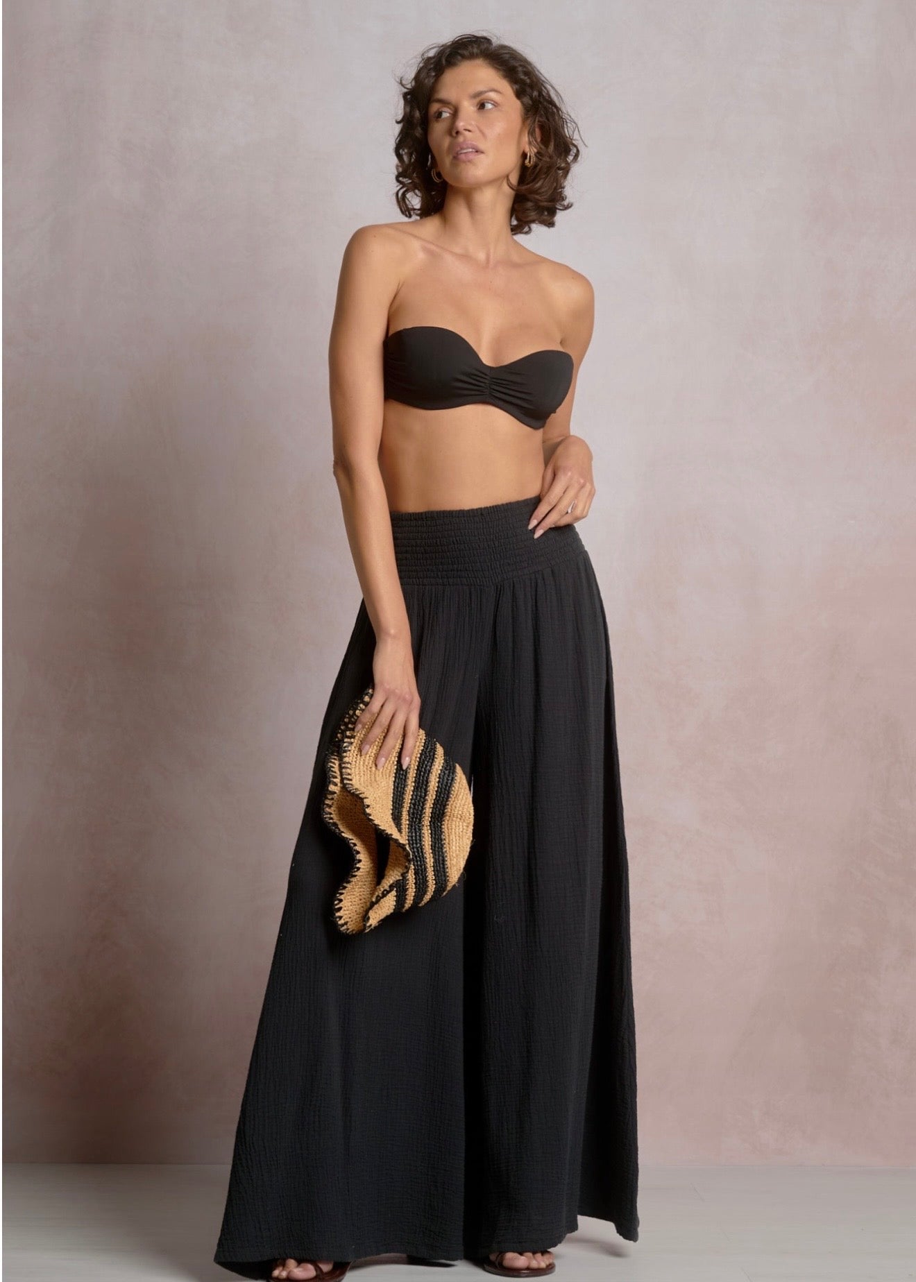 Elan Wide Leg Smocked Pants - Blk