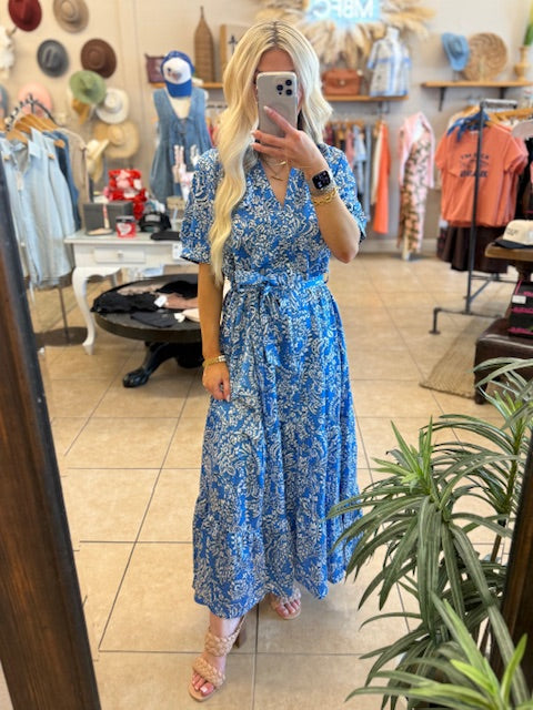 puff sleeve blue floral midi dress with belted detail