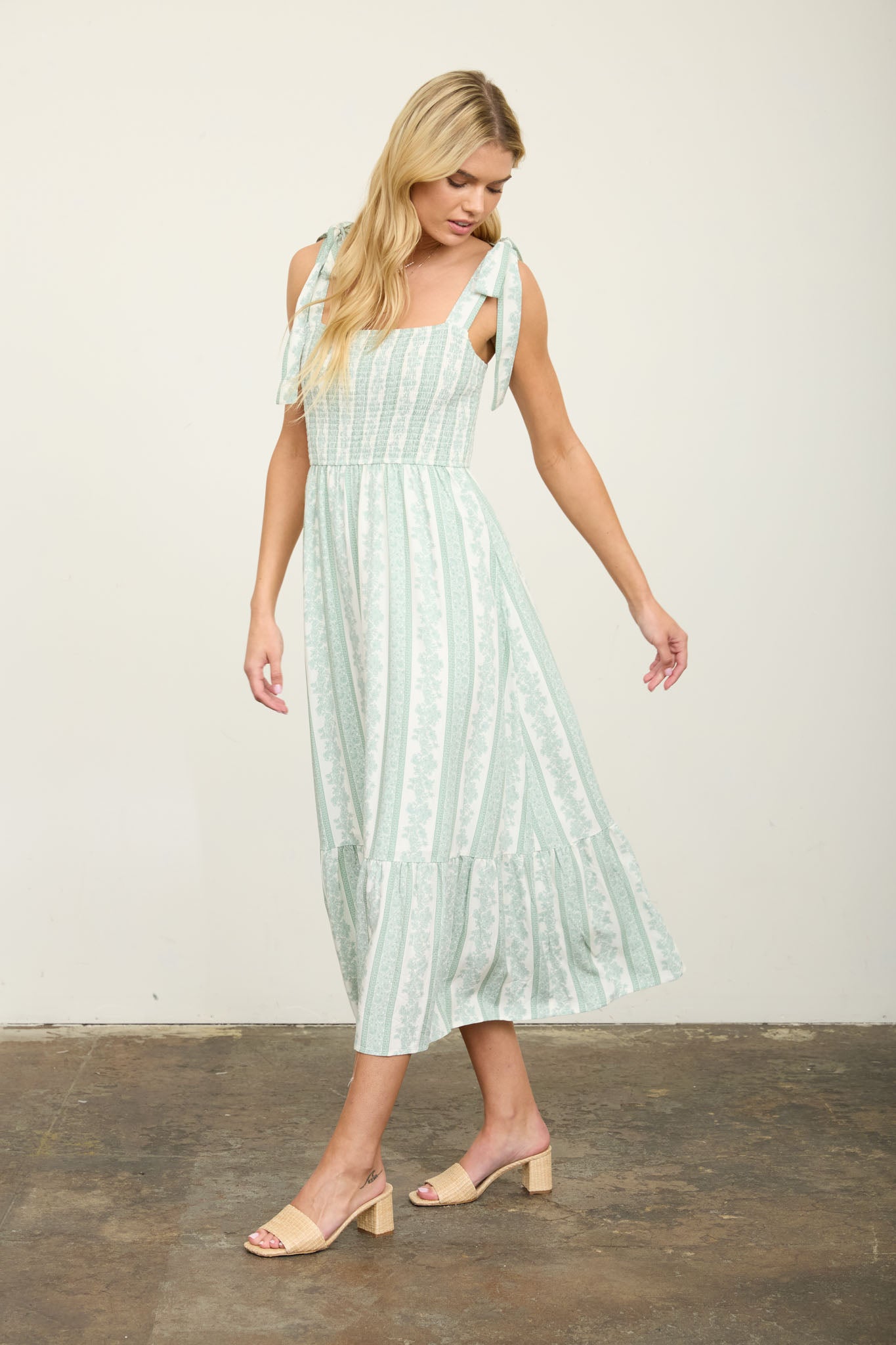 August Sky Stripe Floral Smocked Tie Strap Midi - Green Floral