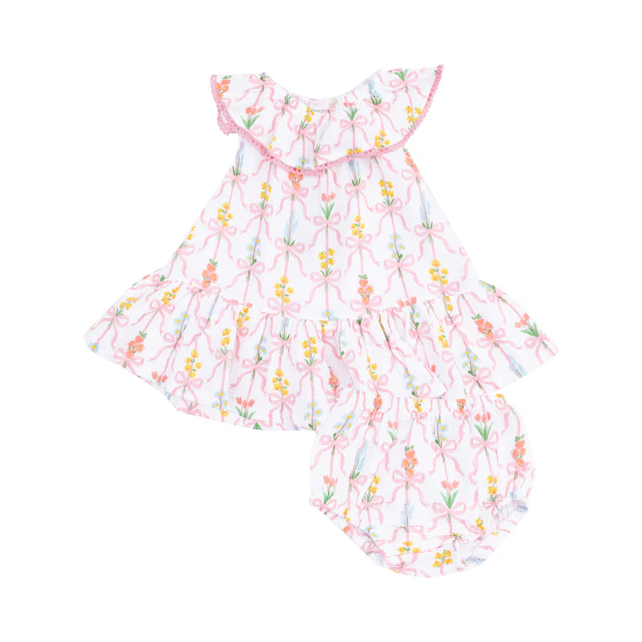 Angel Dear Ribbon Bouquet Circle Neck Ruffled Dress with Bloomers