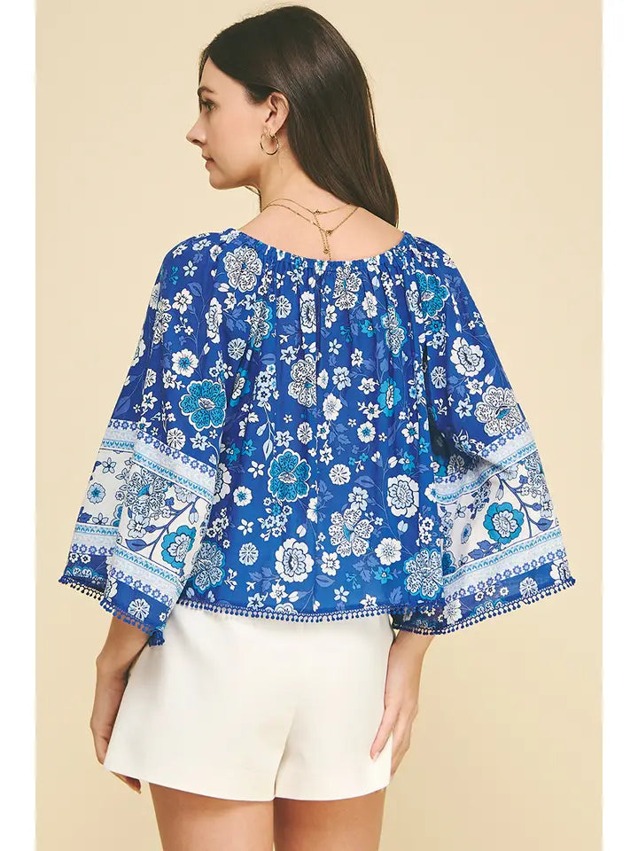 Pinch Floral Wie Sleeve Embroidered Top - Blue/Wht