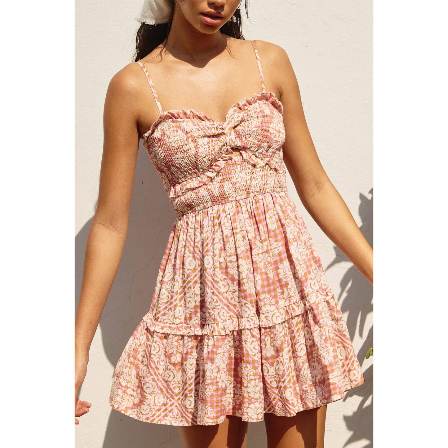 Dress Forum - Stay Cute Smocked Sweetheart Mini Dress: PLAID DENIM