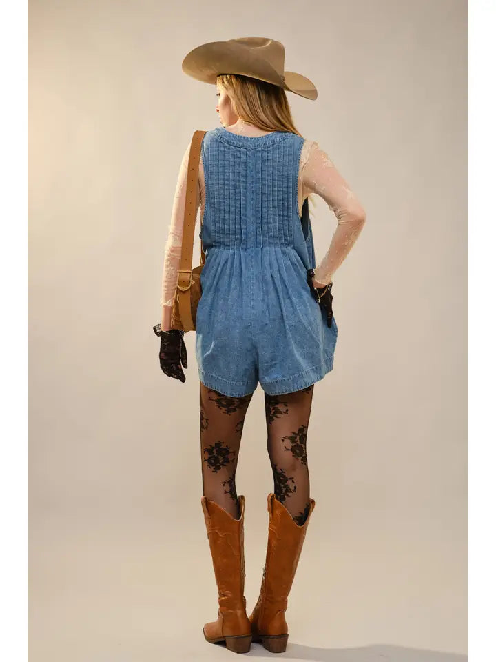 Blue B Deep V-Neck Pintuck Denim Romper