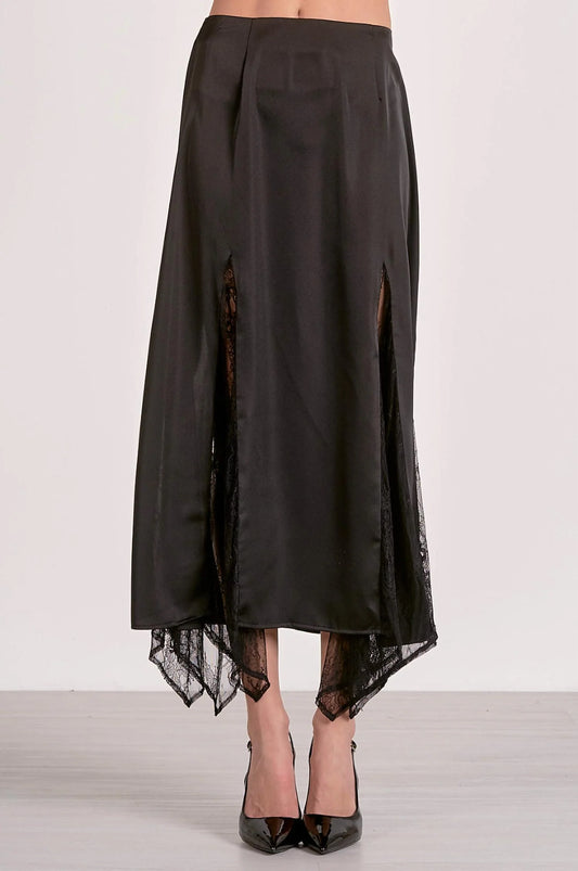 Black satin skirt with sheer lace trim on a white background