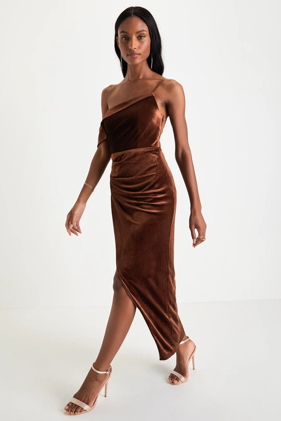 Lulus Asymmetrical Velvet Tulip Dress - Brown My Best Friend's Closet Tracy Lulus Asymmetrical Velvet Tulip Dress - Brown My Best Friend's Closet Tracy