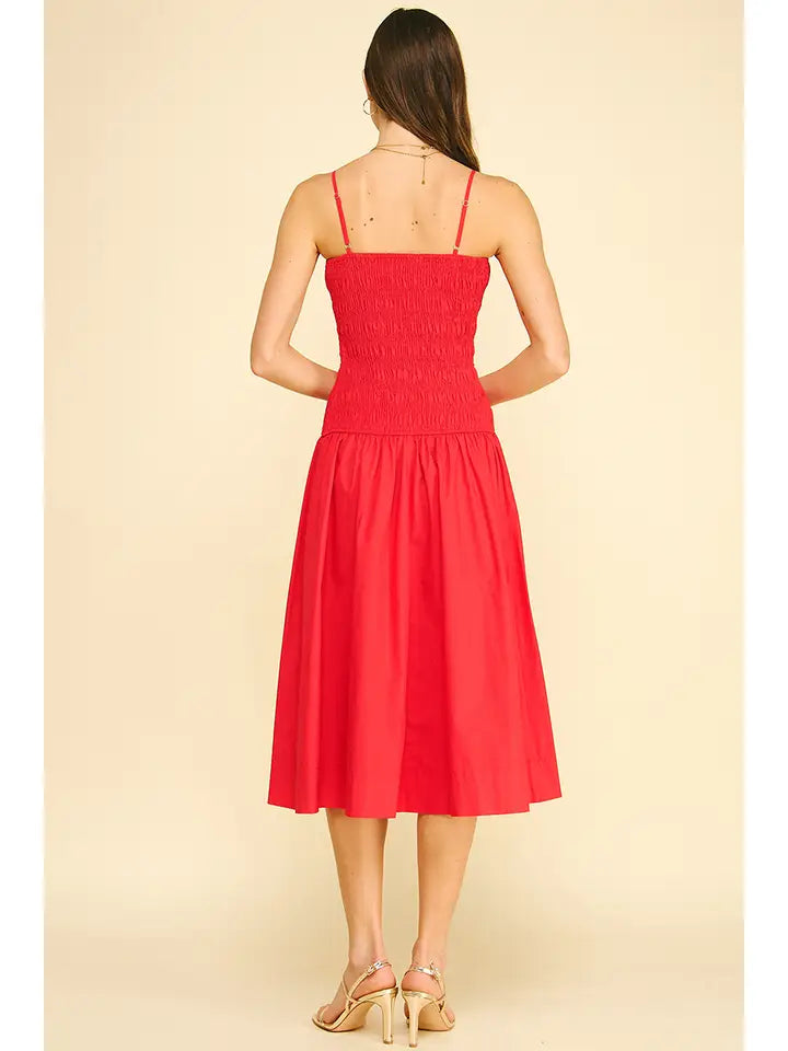 Pinch Smocking Detail Midi Dress - Red