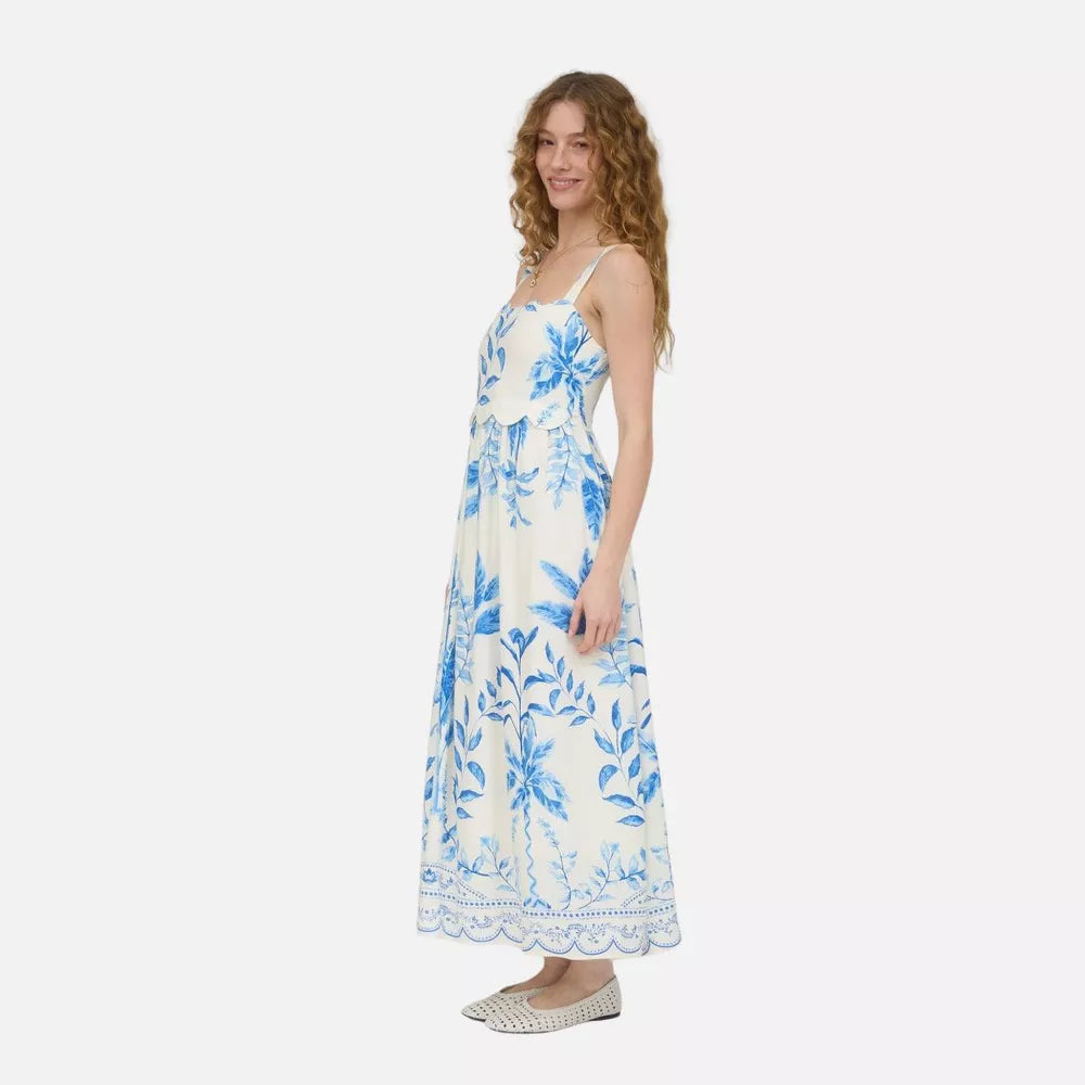 August Sky Leaf Print Scallop Trim Midi Dress