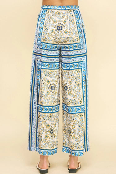 Pinch Scarf Print Wide Leg Pants - Blue