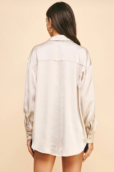 Pinch Solid Satin Long Sleeve Button Up - Oat
