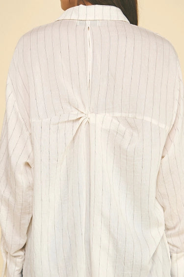 Pinch Striped High-Low Button Up Blouse