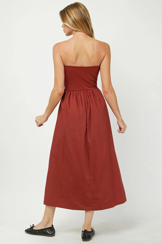 Needii Ribbed Contrast Tube Dress - Rust