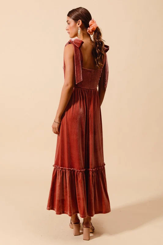So Me Velvet Tie Strap Dress - Rust