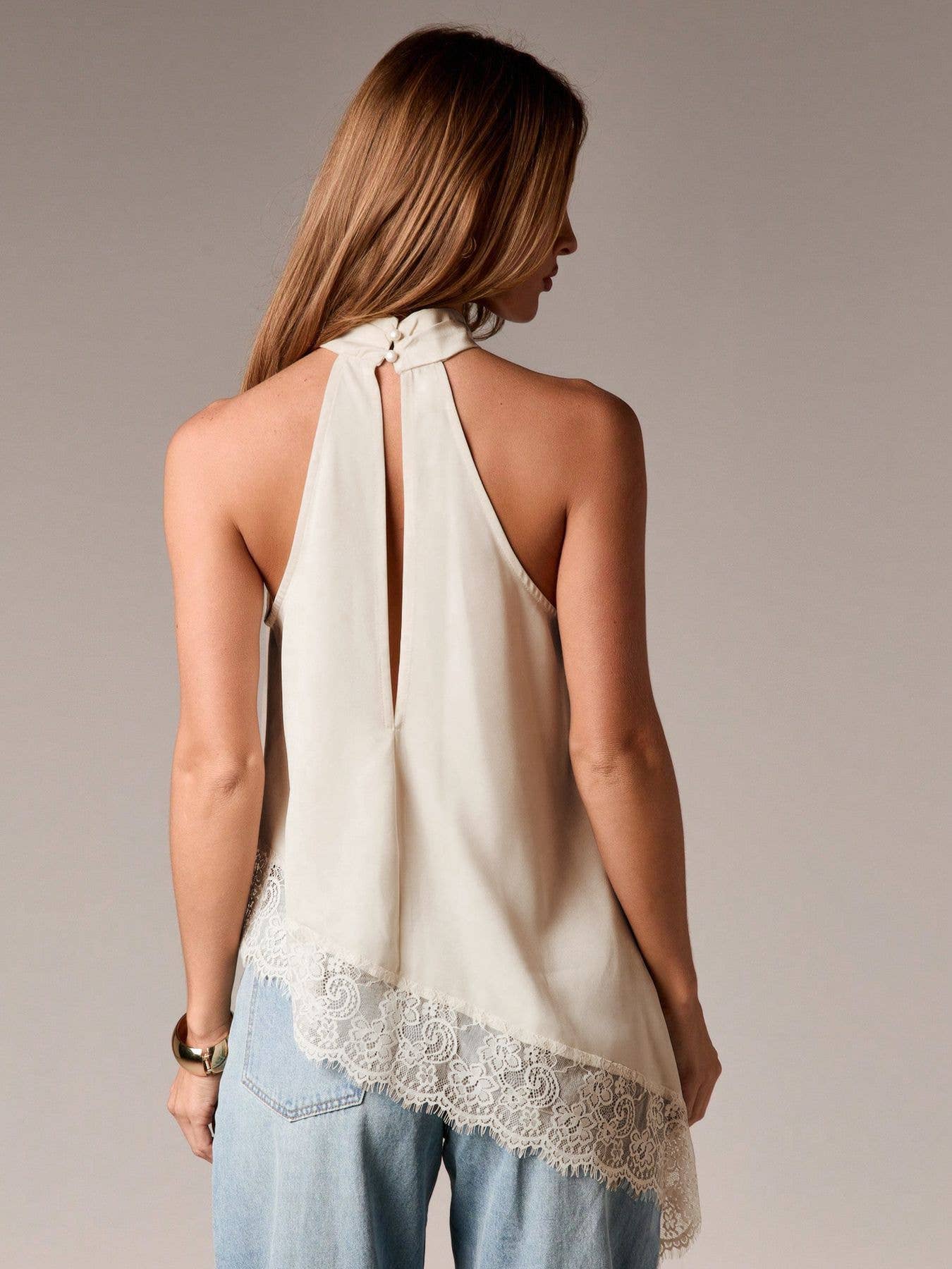 Hope & Sunshine - Lace Trim Satin Halter Top: Champange