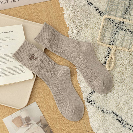 Dipped Shop - Simple Thicken Warm Bow Embroidery Crew Socks : Khaki
