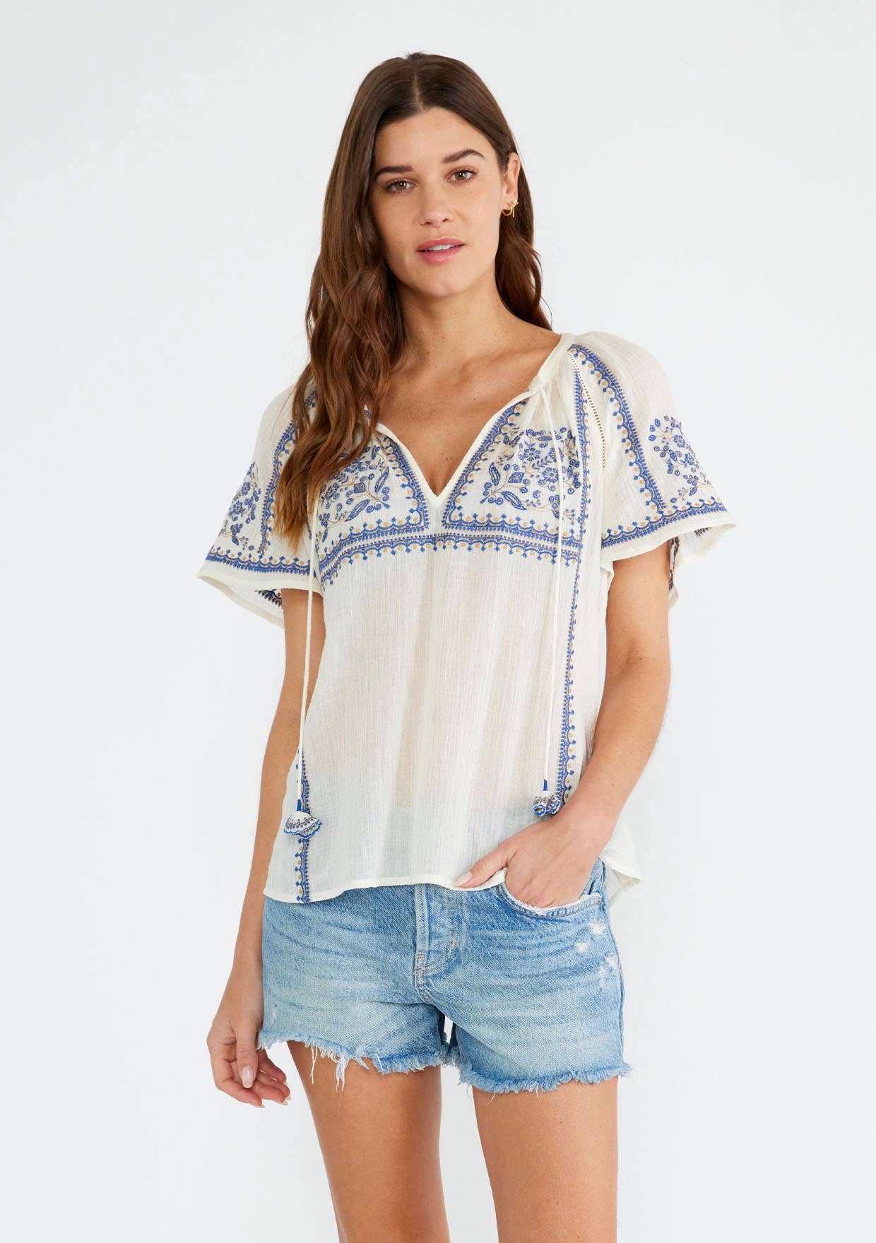 Lovestitch - Embroidered Raglan Short Sleeve Split Neck Top