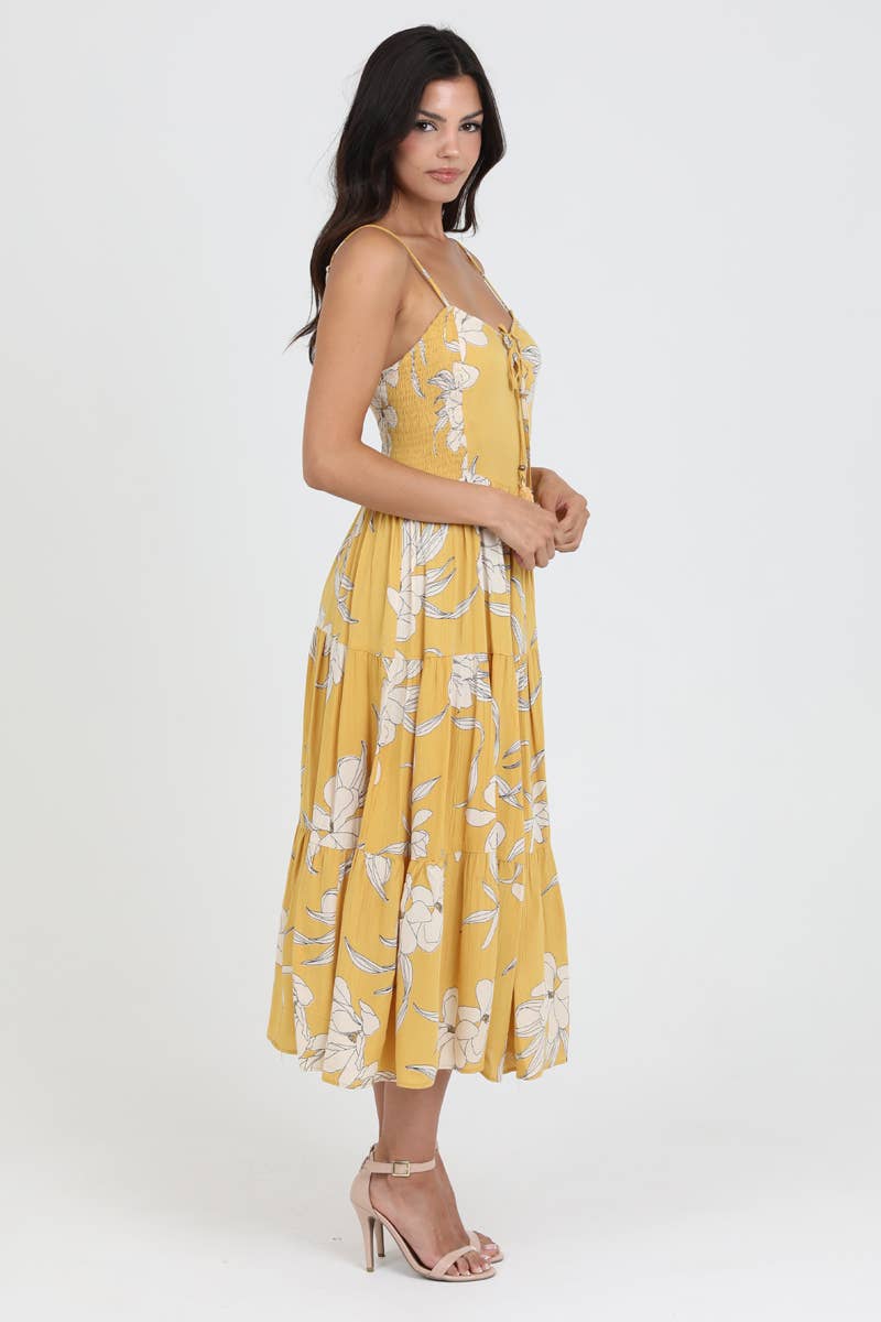 ANGIE - SMOCKED SIDES STRAPPY BACK MIDI DRESS: Yellow