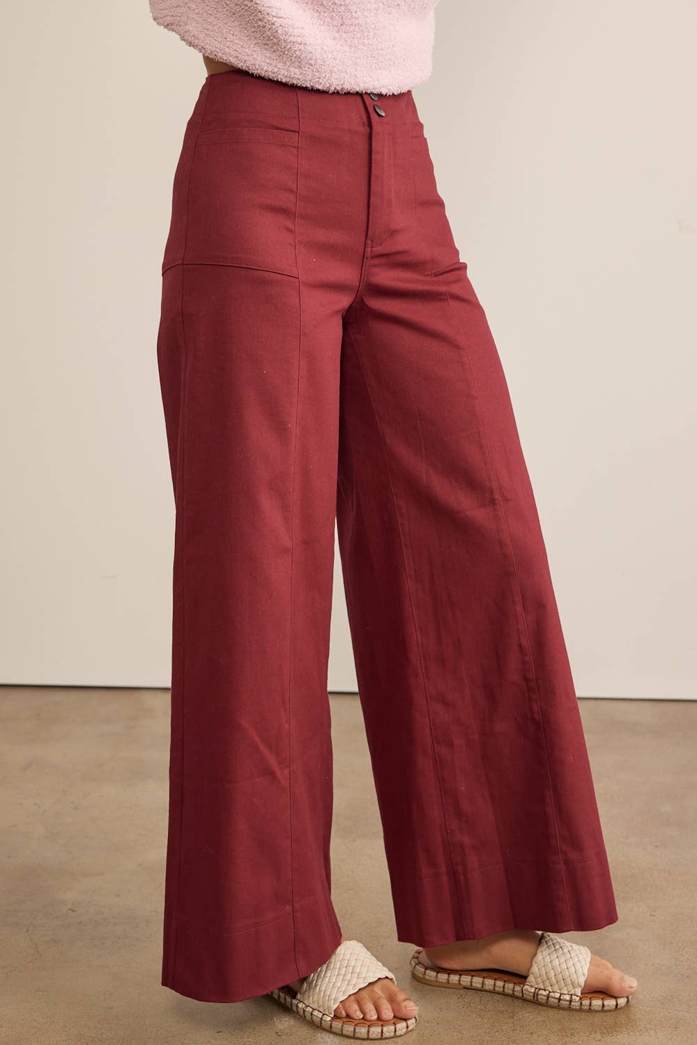 In February - FLATTERING WIDE LEG FULL-LENGTH STRETCHY COTTON TWILL PANTS - BURGUNDY