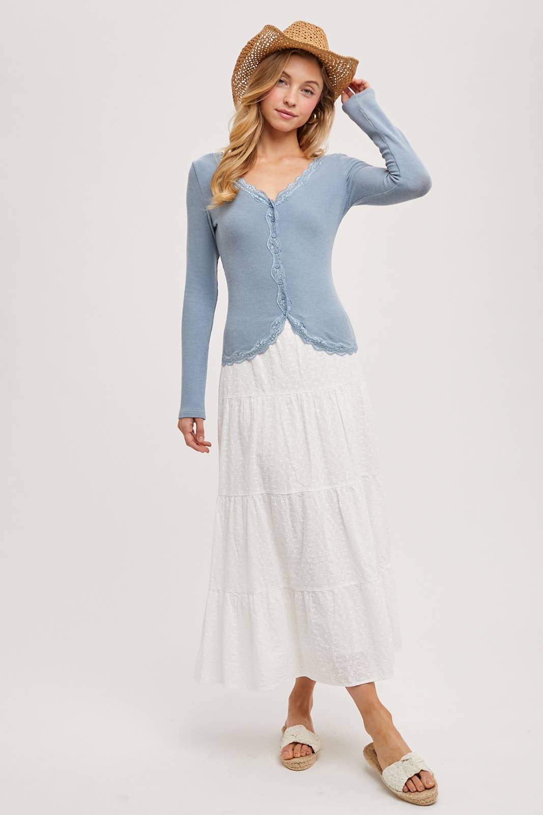 Bluivy - BUTTON DOWN LACE TRIMMED KNIT CARDIGAN TOP: OATMEAL / M