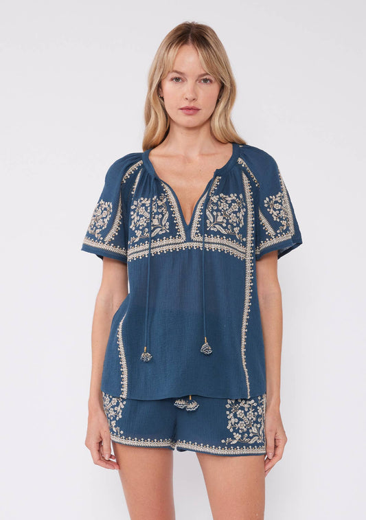 Lovestitch - Embroidered Raglan Short Sleeve Split Neck Top