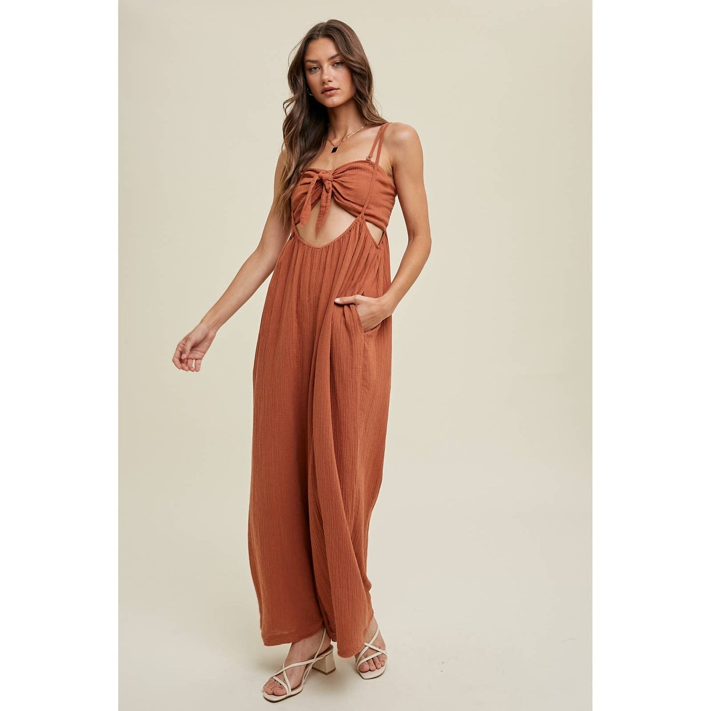 Wishlist Gauze Two-Piece Jumpsuit Set - Brick