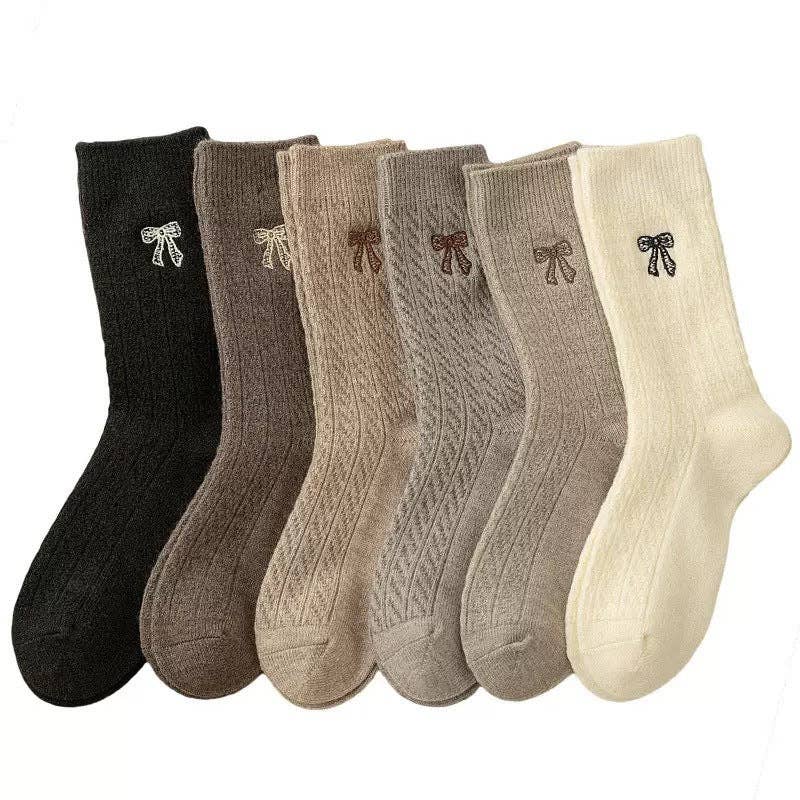 Dipped Shop - Simple Thicken Warm Bow Embroidery Crew Socks : Khaki