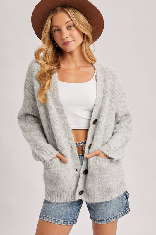 Bluivy - Button Down Fuzzy Heathered Knit Sweater Cardigan