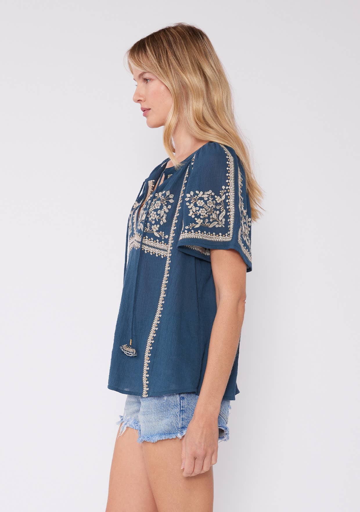 Lovestitch - Embroidered Raglan Short Sleeve Split Neck Top