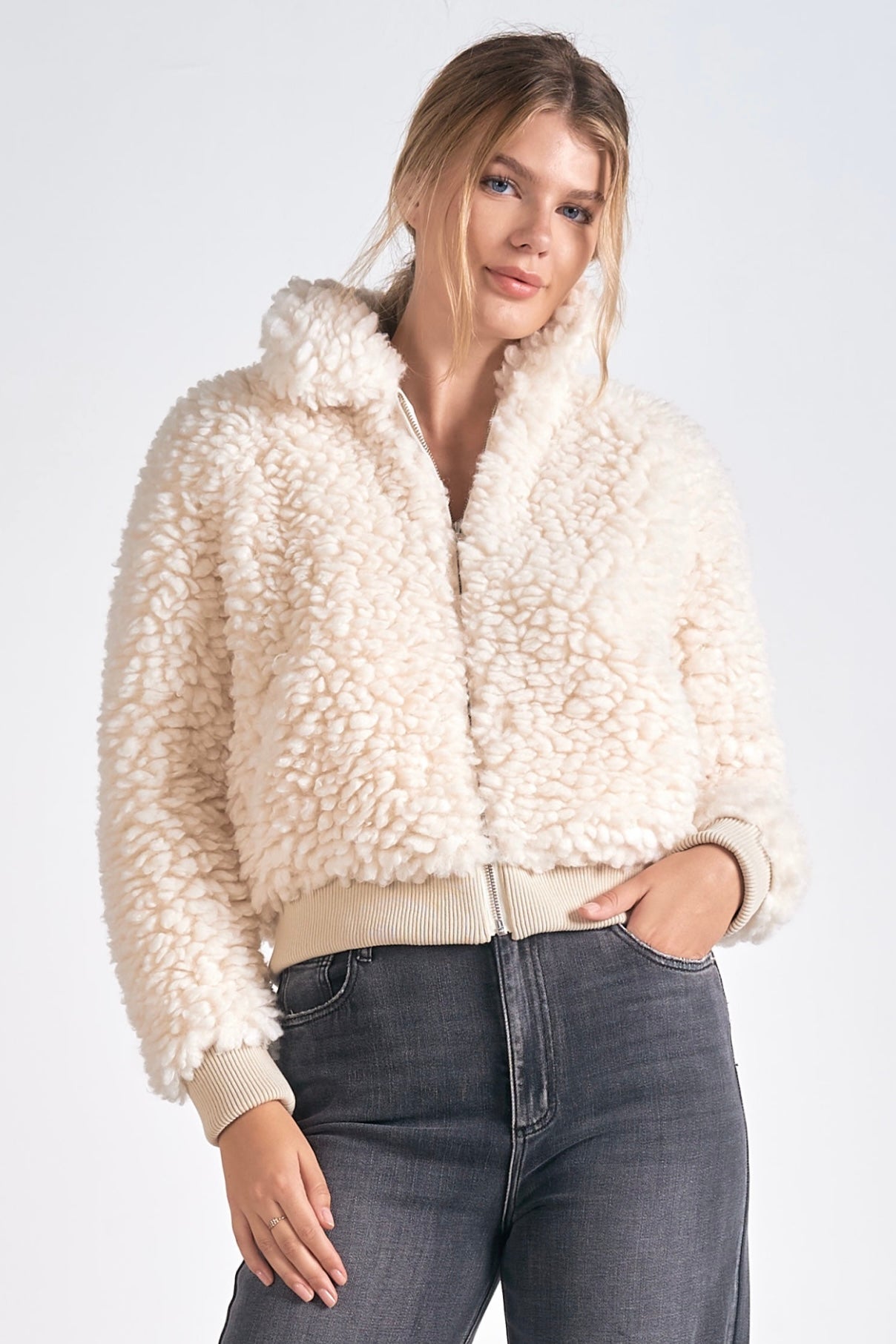 Elan Fuzzy Bomber Zip-Up Jacket - Vanilla