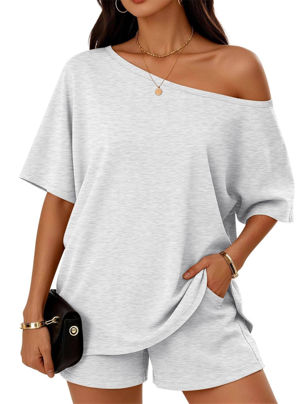 Hope & Sunshine - 2-Piece One Shoulder Top and Shorts Set: Gray