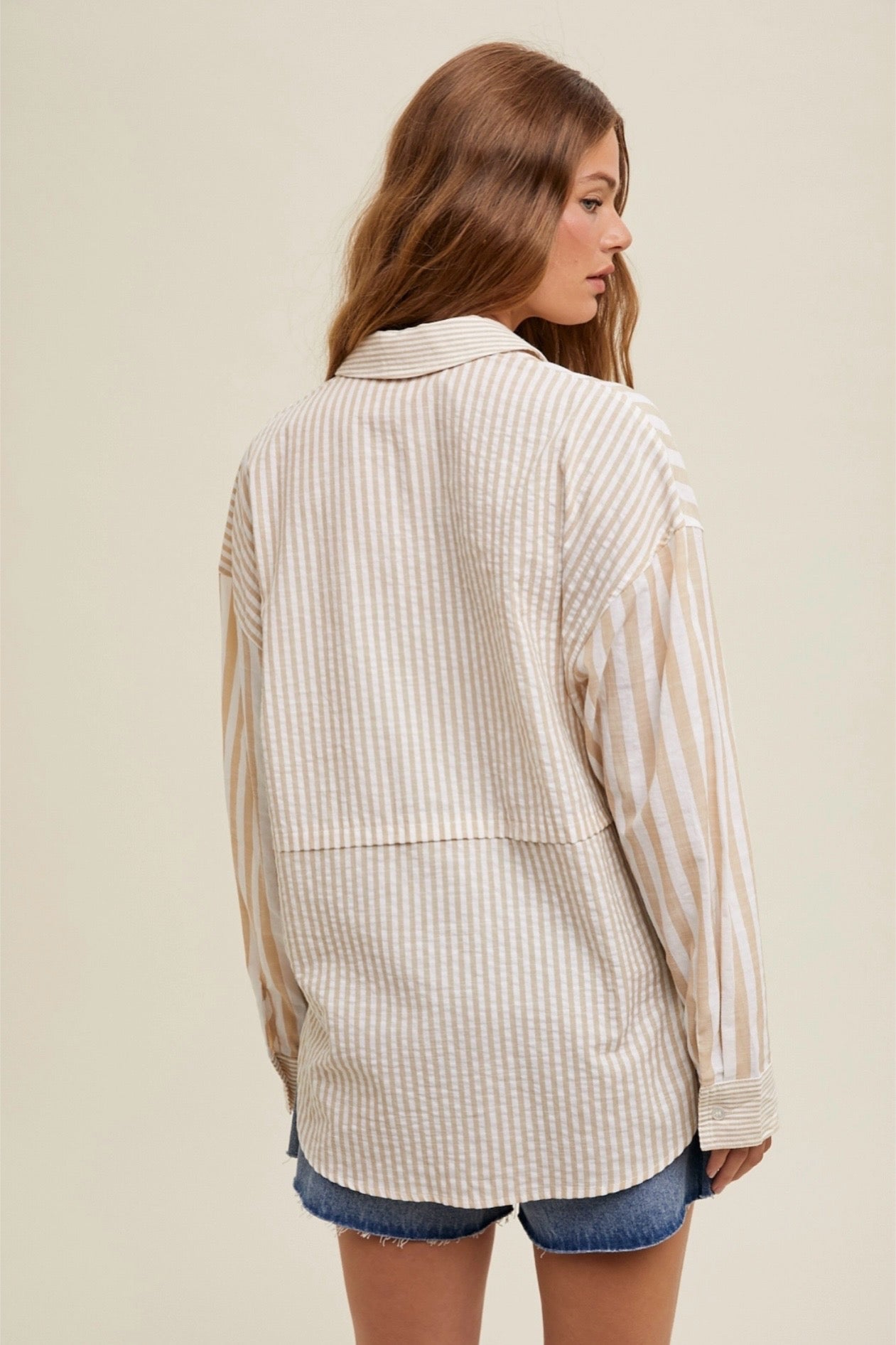 Wishlist Multi Striped Button Up - Taupe/Ivory