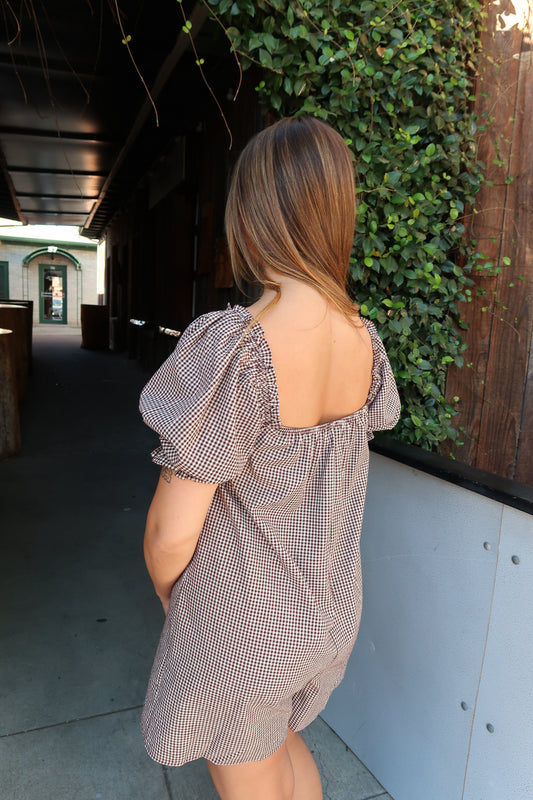 Needii Gingham Puff Sleeve Romper - Brown