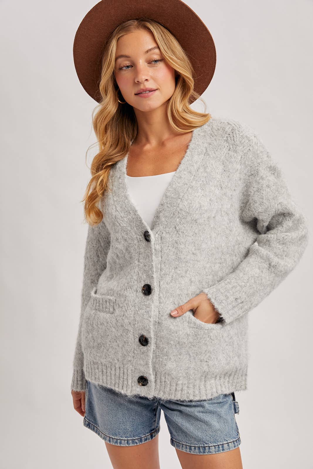 Bluivy - Button Down Fuzzy Heathered Knit Sweater Cardigan