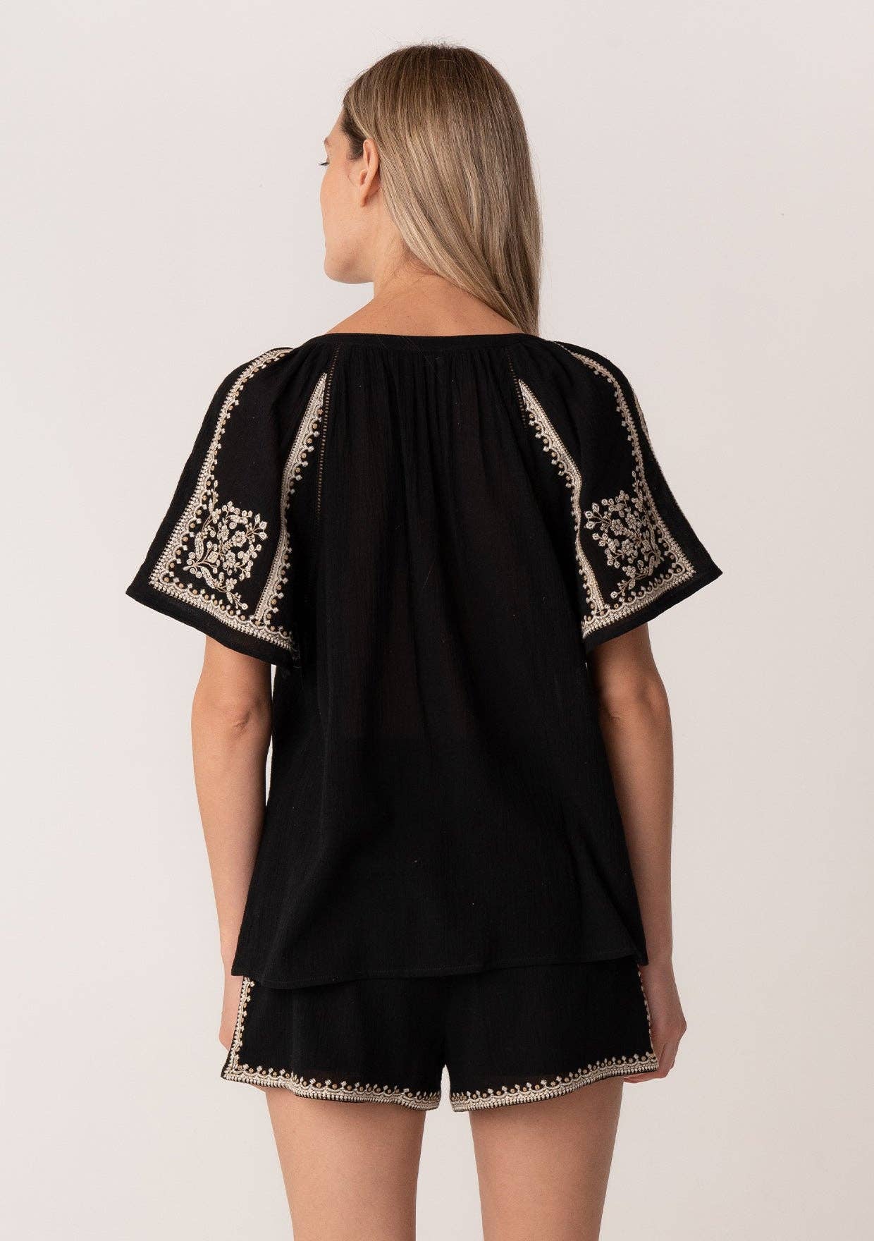 Lovestitch - Embroidered Raglan Short Sleeve Split Neck Top