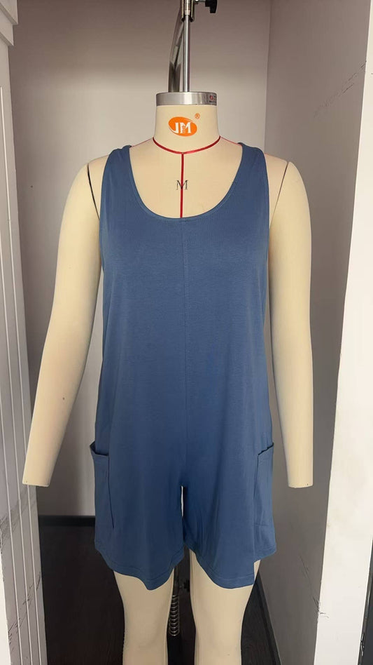 HIDDENBRAND - Loose Racerback Tank Romper: Blue