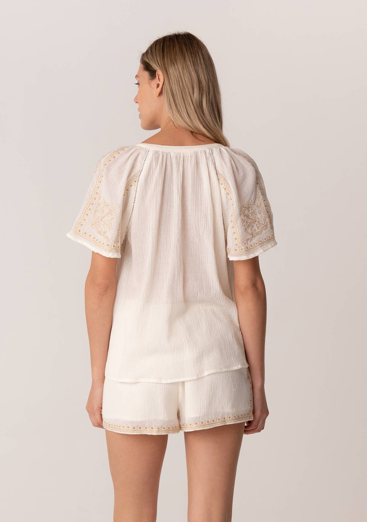 Lovestitch - Embroidered Raglan Short Sleeve Split Neck Top