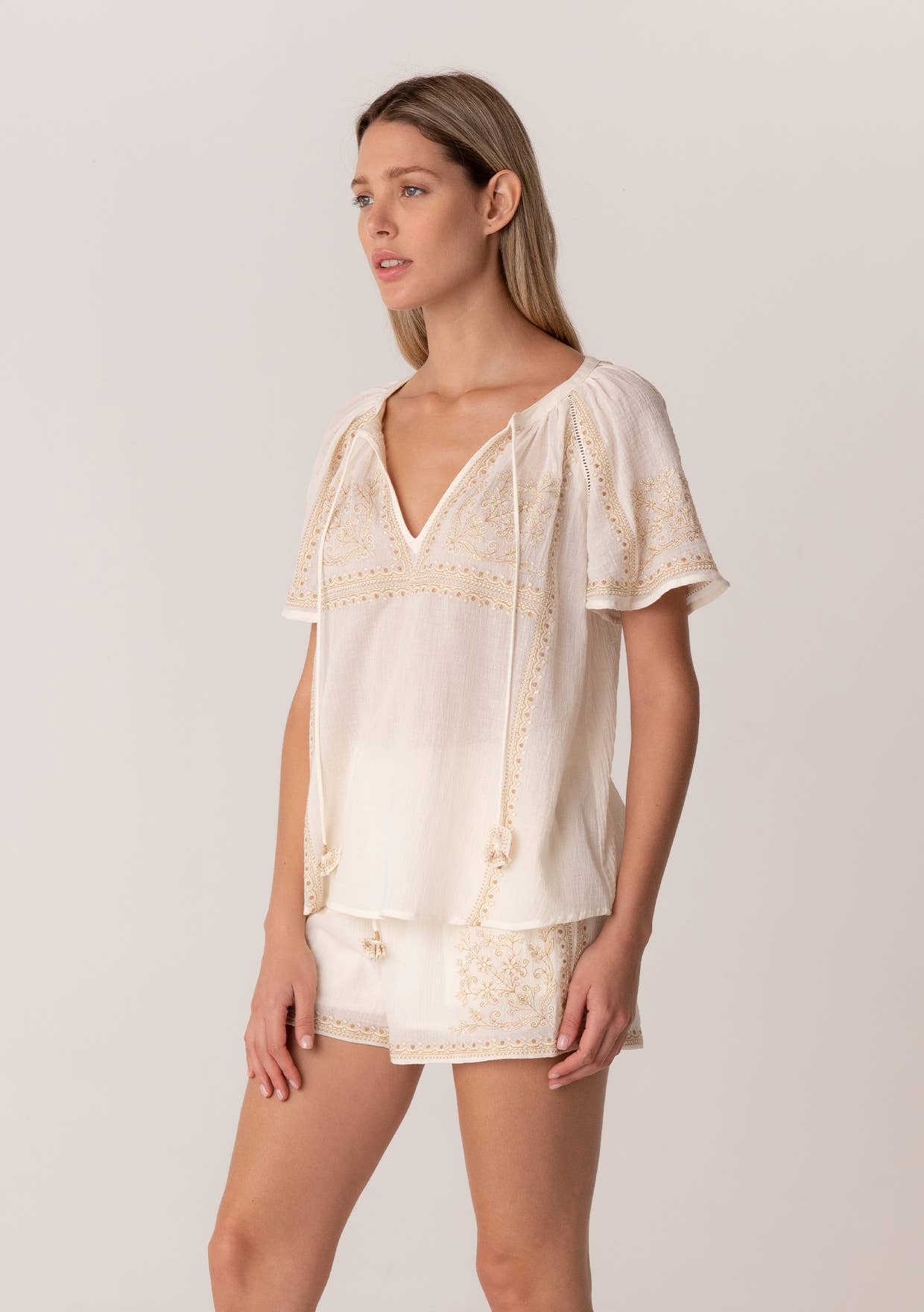 Lovestitch - Embroidered Raglan Short Sleeve Split Neck Top