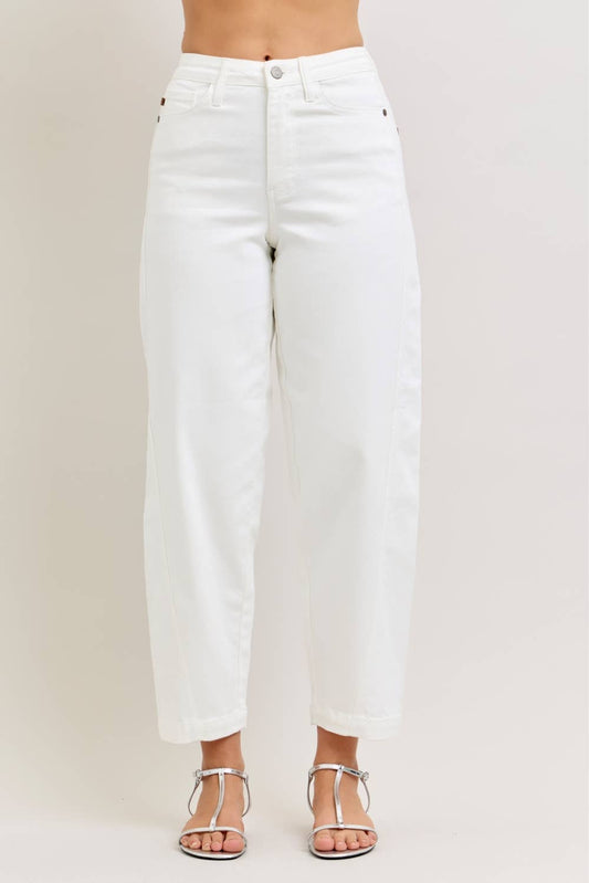 women's high waisted white barrel jeans 