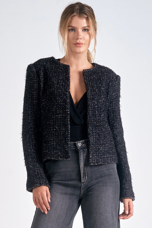 Elan Tweed Structured Cropped Jacket - Black/Silver