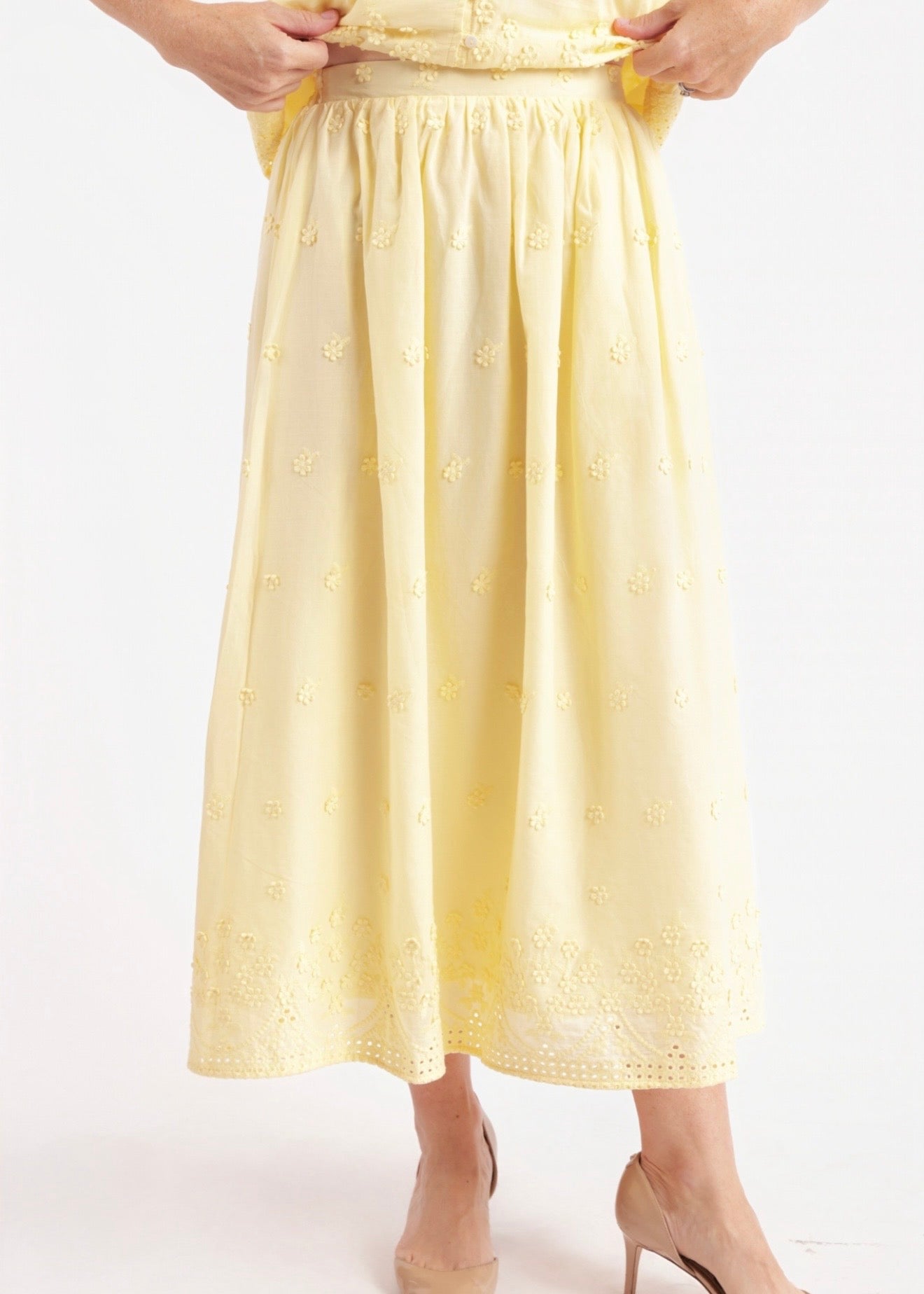 women's yellow embroidered midi skirt 