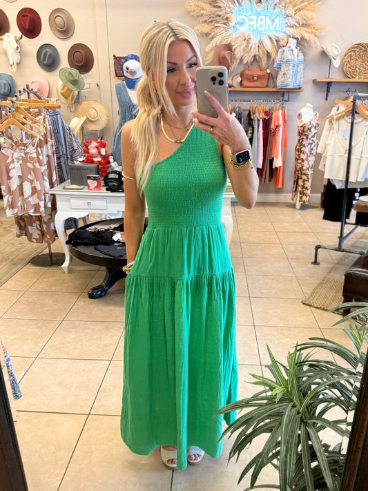 Elan Gracie One Shoulder Cotton Fress - Kelly Green