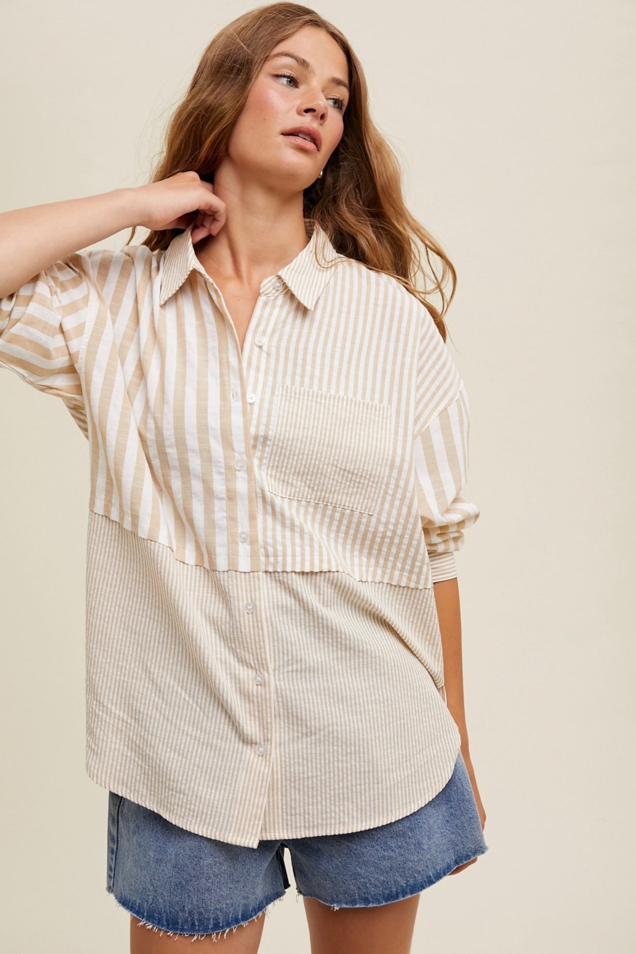 Wishlist Multi Striped Button Up - Taupe/Ivory