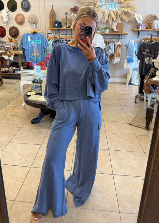 La Biz Cargo Wide Hem Lounge Pants - Indigo Blue